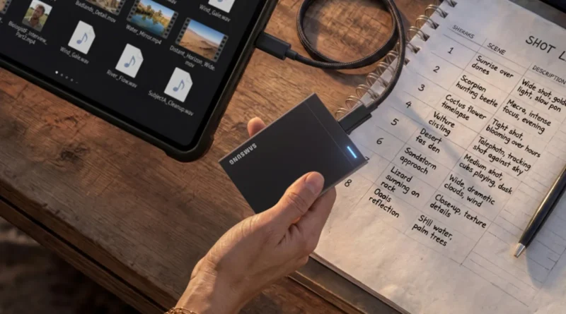 Портативен SSD диск в ръка над бюро